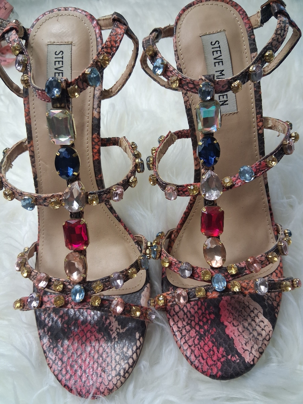 Steve Madden Embellished Snake Print Heels in Red & Black